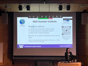 PCC Director, Becky Alexander, presenting in a lecture hall. The projected slide is n the 2025 Summer Institute, theme options, and how to vote.