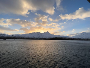 snow covered mountains fronted by the sea